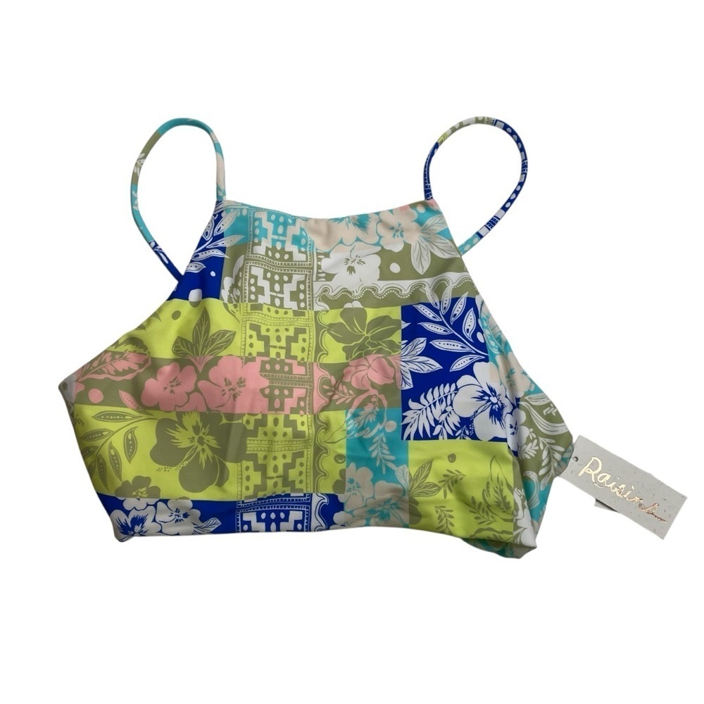 Raisins Shorebreak High-Neck Bikini Top Tile Floral Hawaiian Print Small New